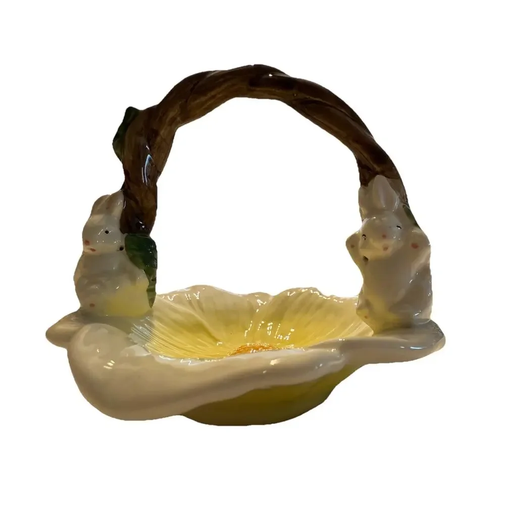Ceramic Decorative Basket Floral Bunny Handle White Yellow Glossy China 5”